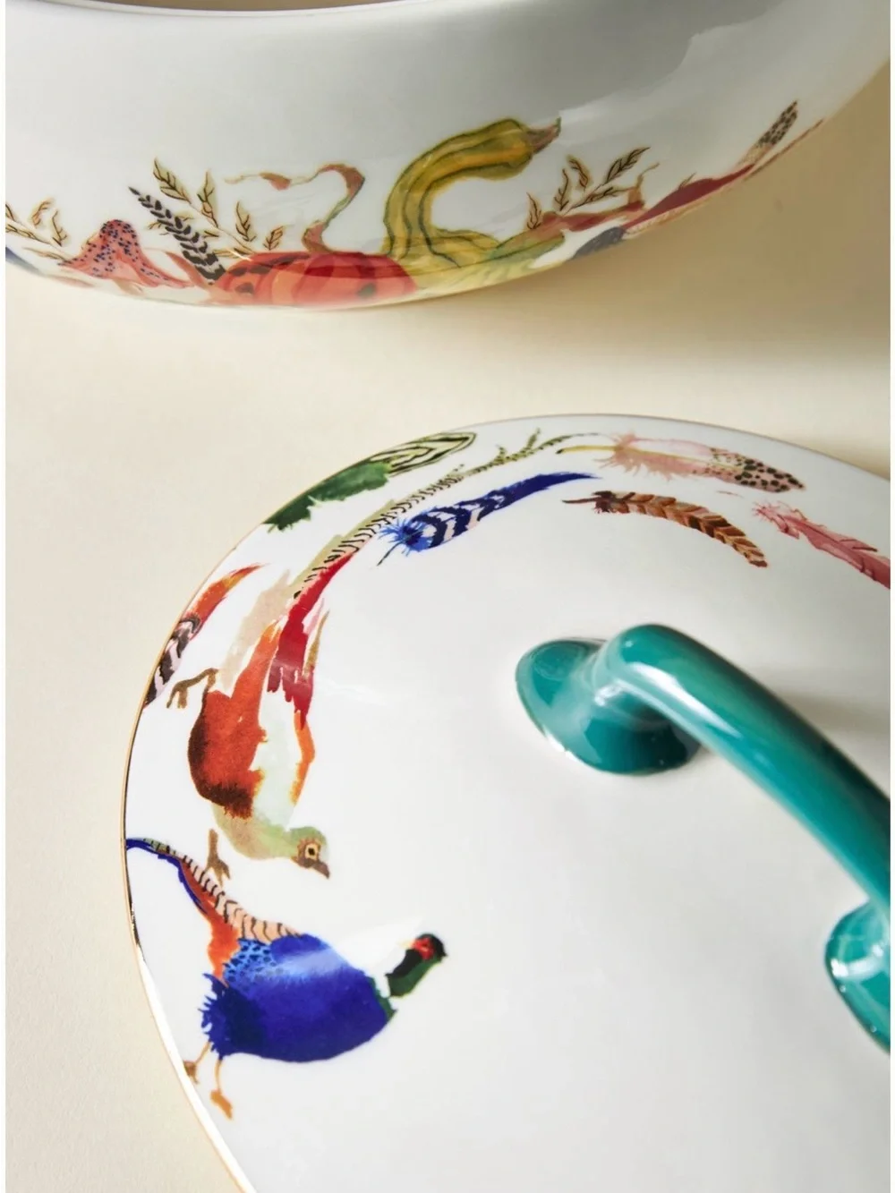 Anthropologie White Ceramic Lidded Serving Bowl with Multicolor Harvest Motif